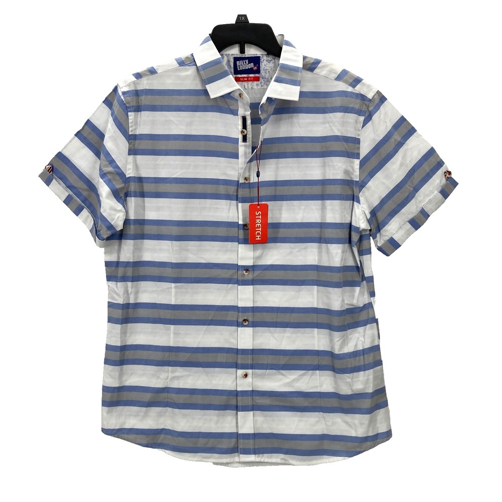 Billy London Shirt Mens 2XL Slim Fit Blue Striped Short Sleeve Stretch Nautical